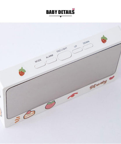Stevvex digital desk clock with USB charger and white mirror face with strawberry decals on Tampa Home & Garden Store