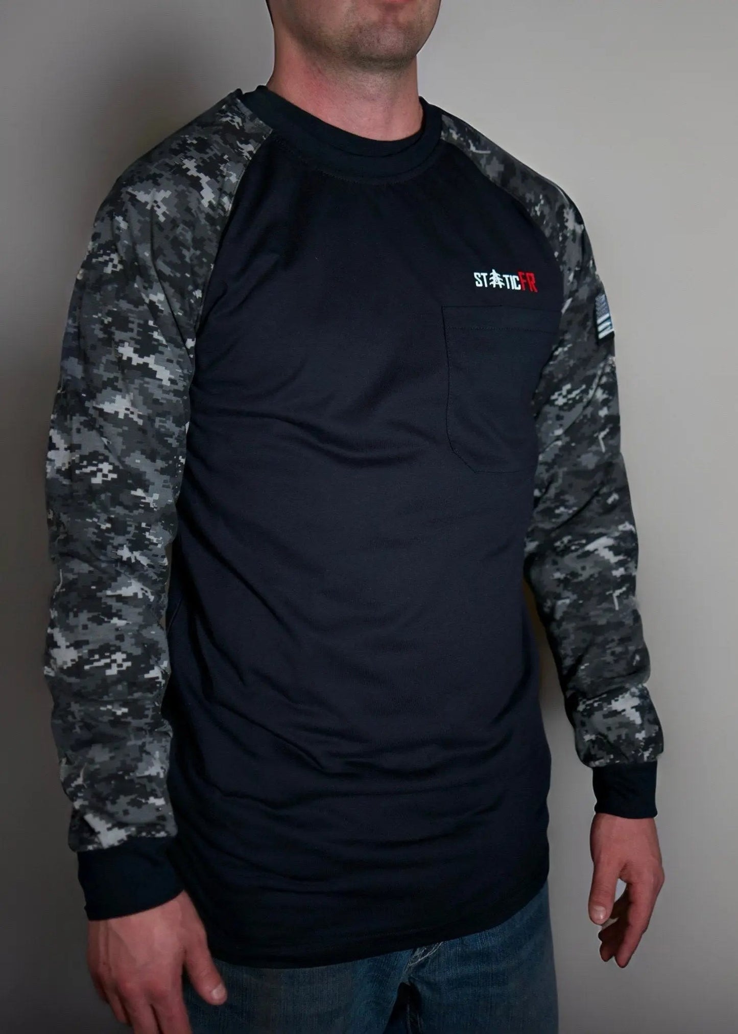 FR Digital Camo Black/Gray shirt with camouflage sleeves and chest pocket by Static FR on Tampa Home & Garden Store