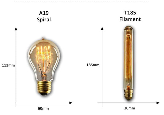 Stevvex dimmable vintage Edison bulbs A19 spiral and T185 filament, clear glass, screw base (2 bulbs) on Tampa Home & Garden Store