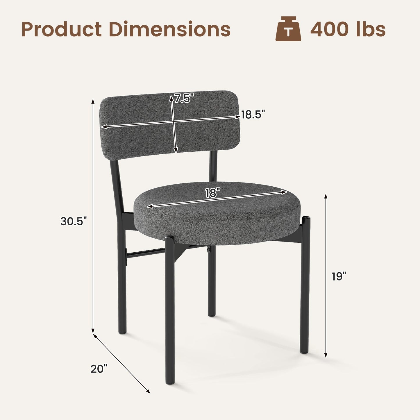 Juego de 2 sillas de comedor con respaldo curvo y asiento acolchado - Gris