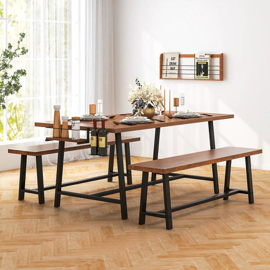 DirectDeals Dining Table Set for 5-7 with wine rack, wood top, black metal legs, benches on Tampa Home & Garden Store