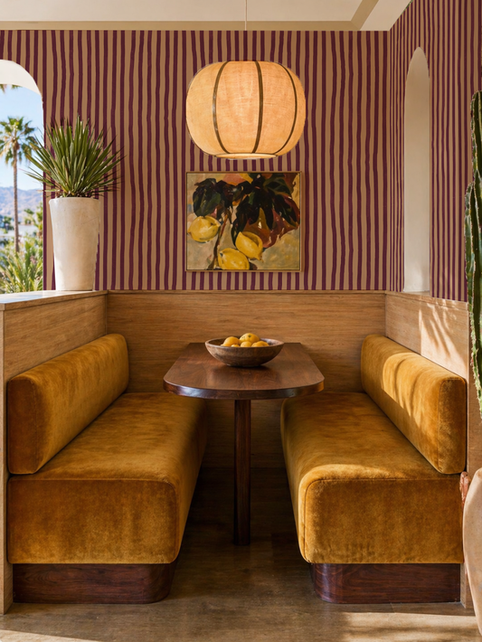 Dolce Stripe Wallpaper, peach and eggplant