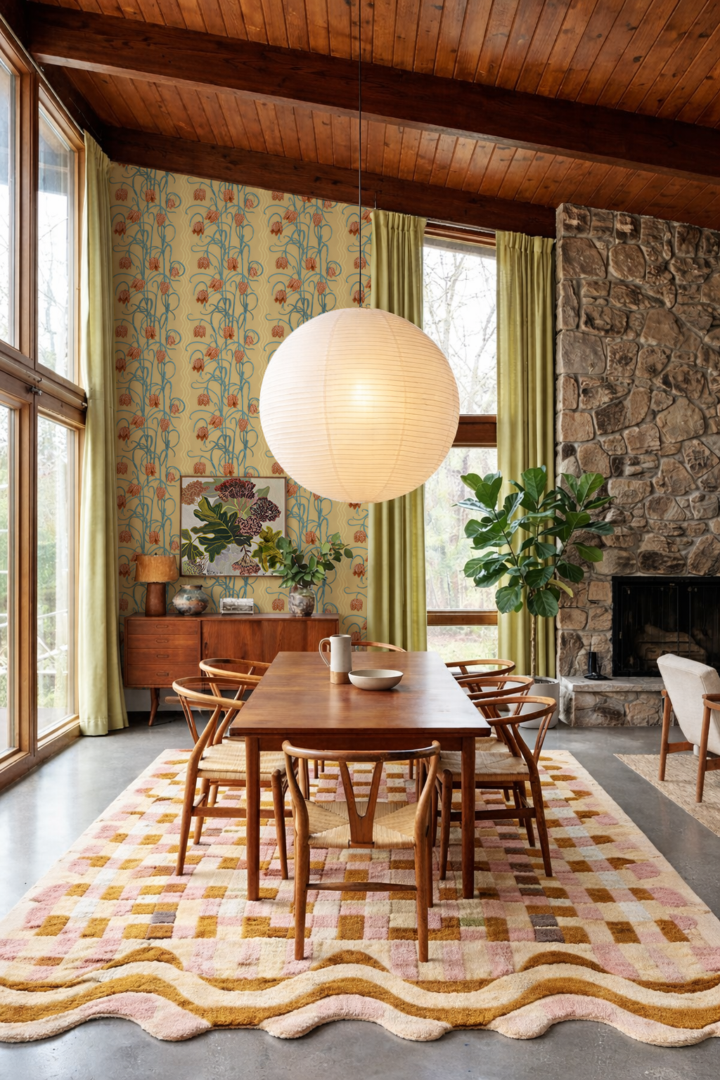 Campanas Wallpaper, butter yellow & slate blue