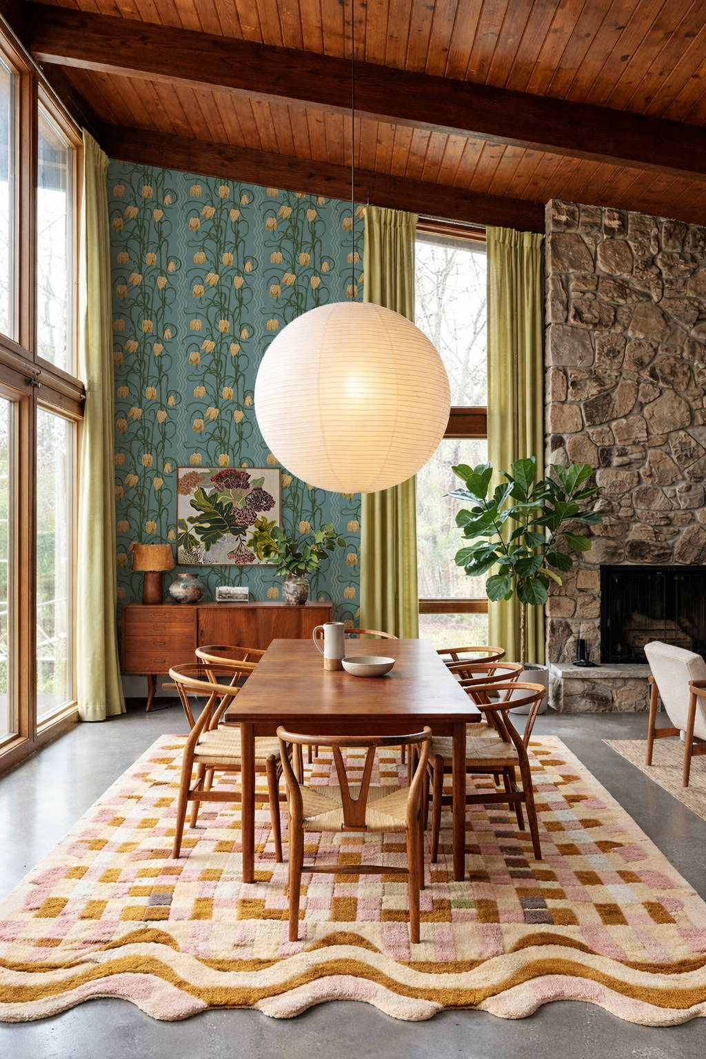 Campanas Wallpaper, dusty blue and marigold