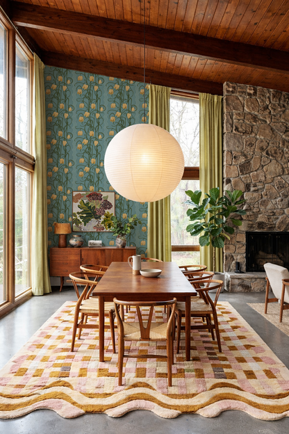 Campanas Wallpaper, dusty blue and marigold