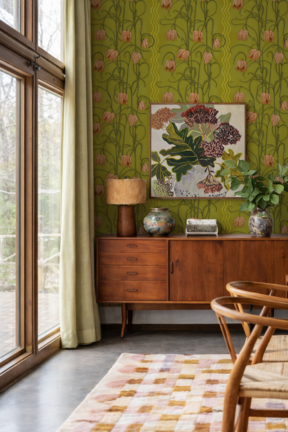 Papier peint Campanas, chartreuse et orange