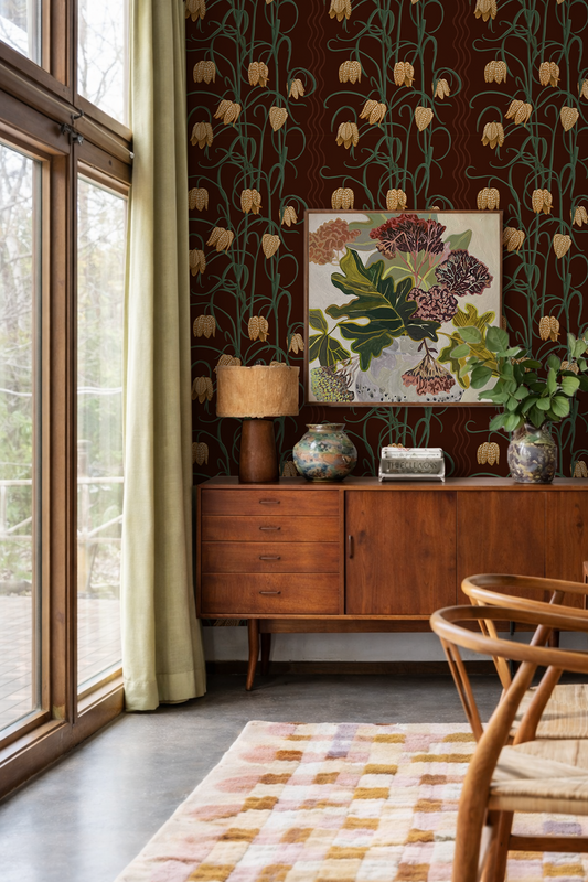 Campanas Wallpaper, chocolate and goldenrod - Tampa Home & Garden Store