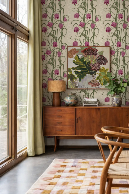 Campanas Wallpaper tan and purple floral pattern in a mid-century living room setting on Tampa Home & Garden Store