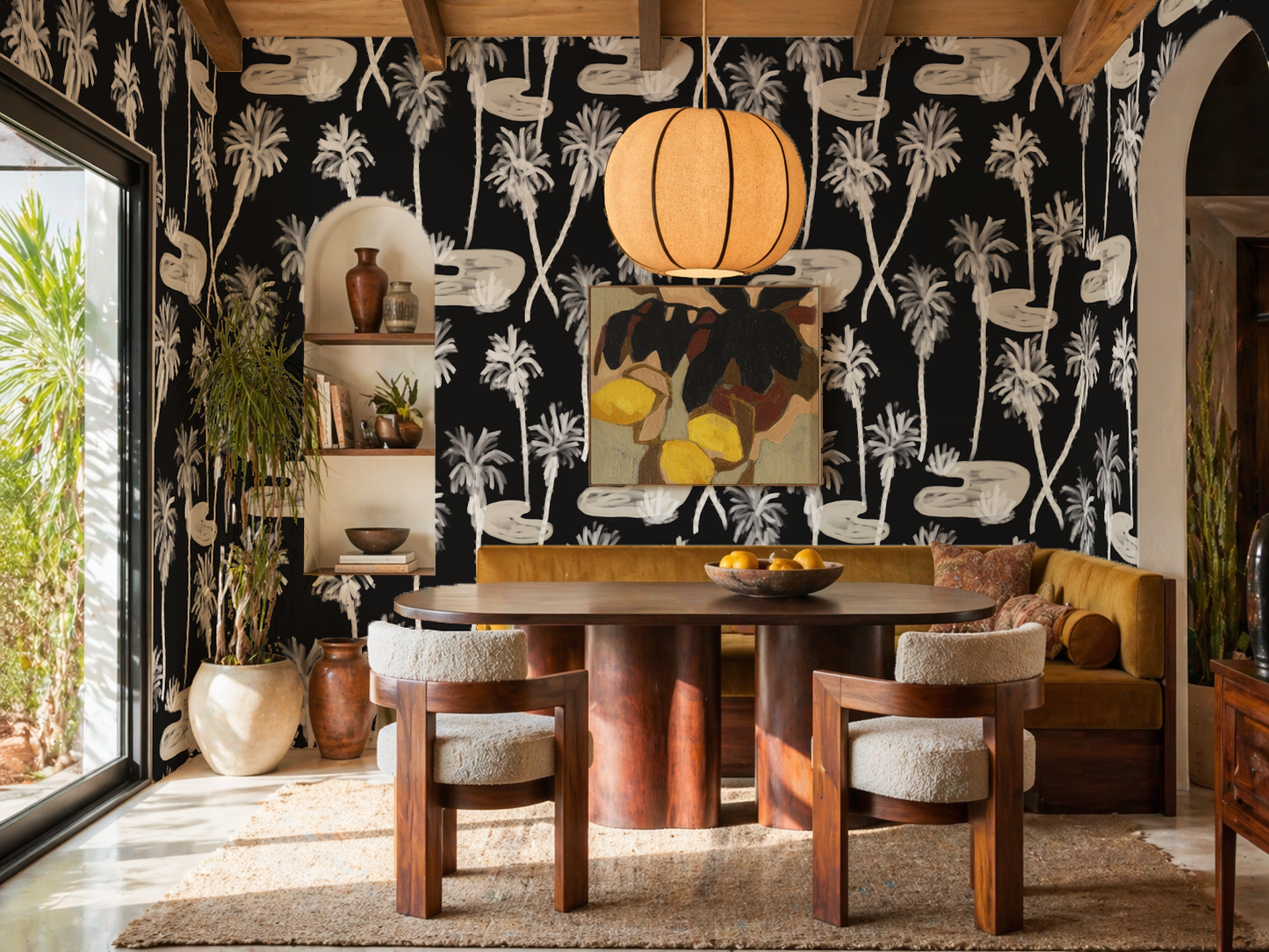 Palm Oasis Wallpaper, black and off-white