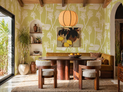 Palm Oasis Wallpaper, lemon and white