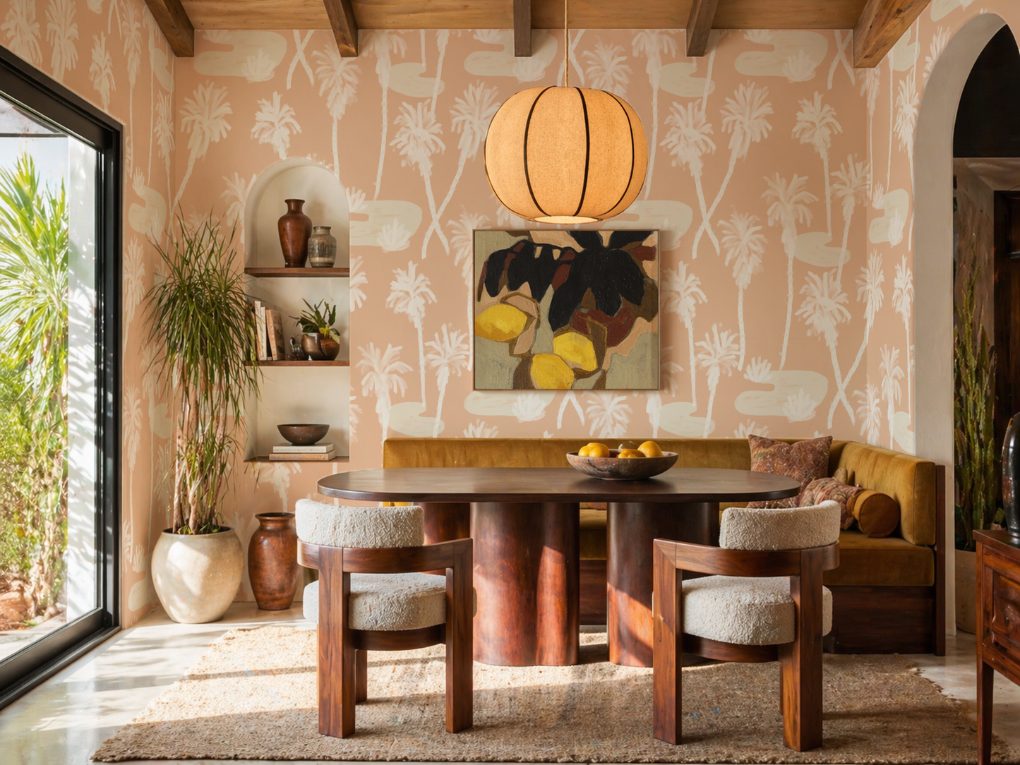Palm Oasis Wallpaper, peach and white