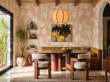 Palm Oasis Wallpaper, peach and white