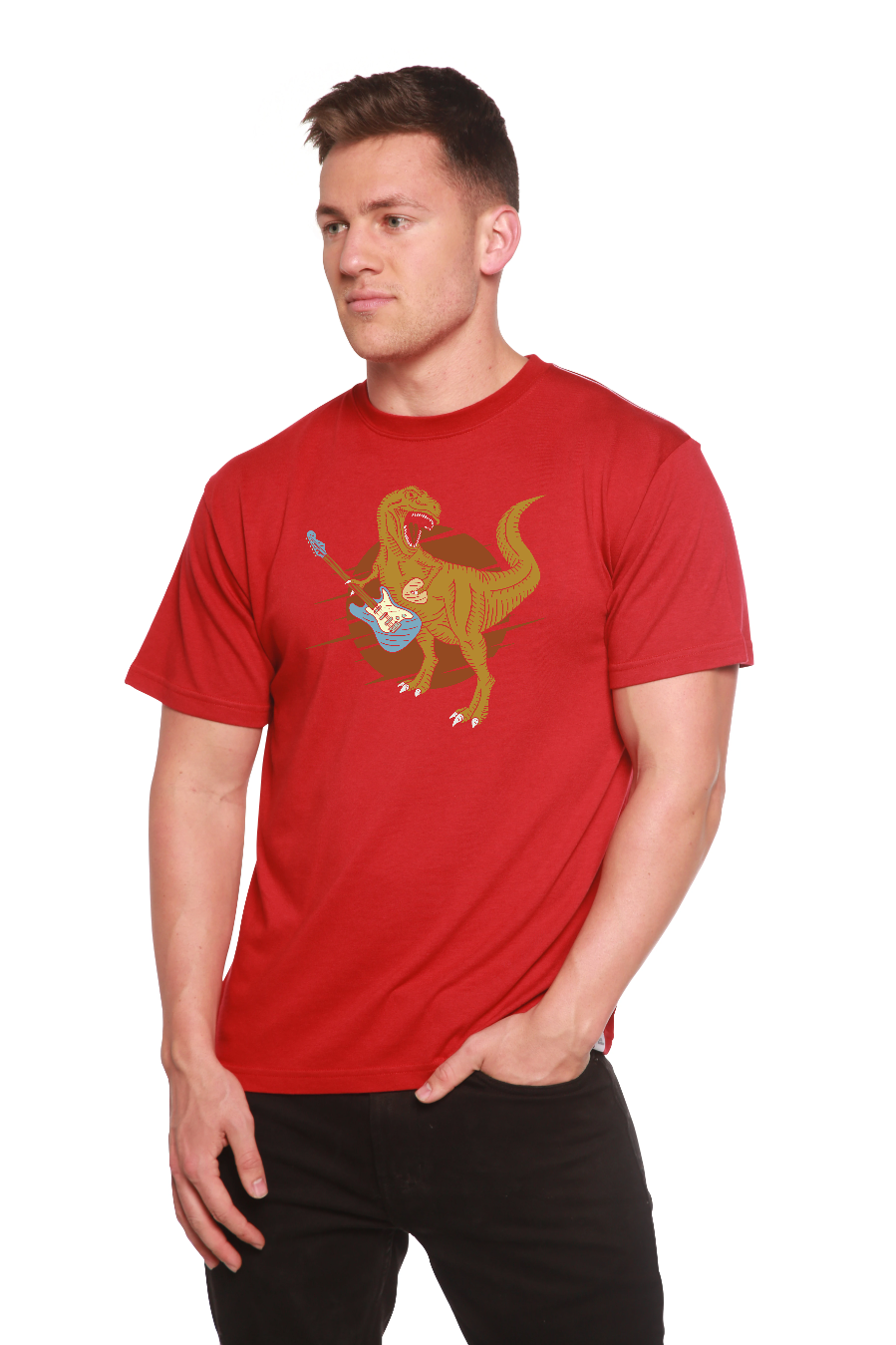 Dinosaur with guitar graphic T-shirt red bamboo viscose/organic cotton short sleeve on Tampa Home & Garden Store