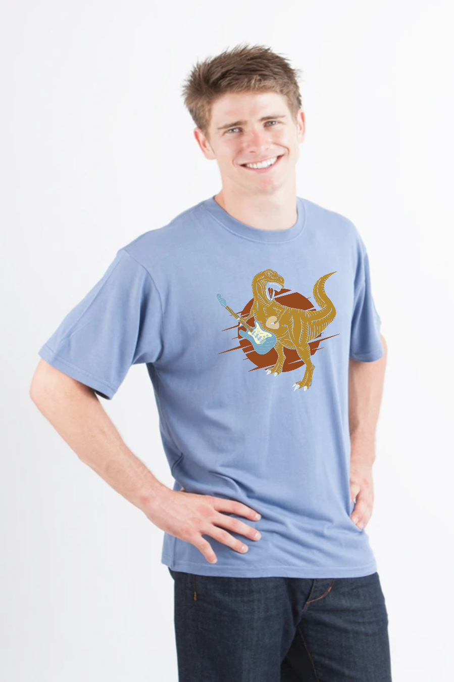 Men's Dinosaur guitar tee in light blue bamboo viscose/organic cotton on Tampa Home & Garden Store
