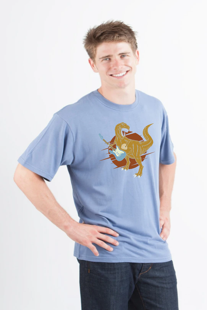 Men's Dinosaur guitar tee in light blue bamboo viscose/organic cotton on Tampa Home & Garden Store