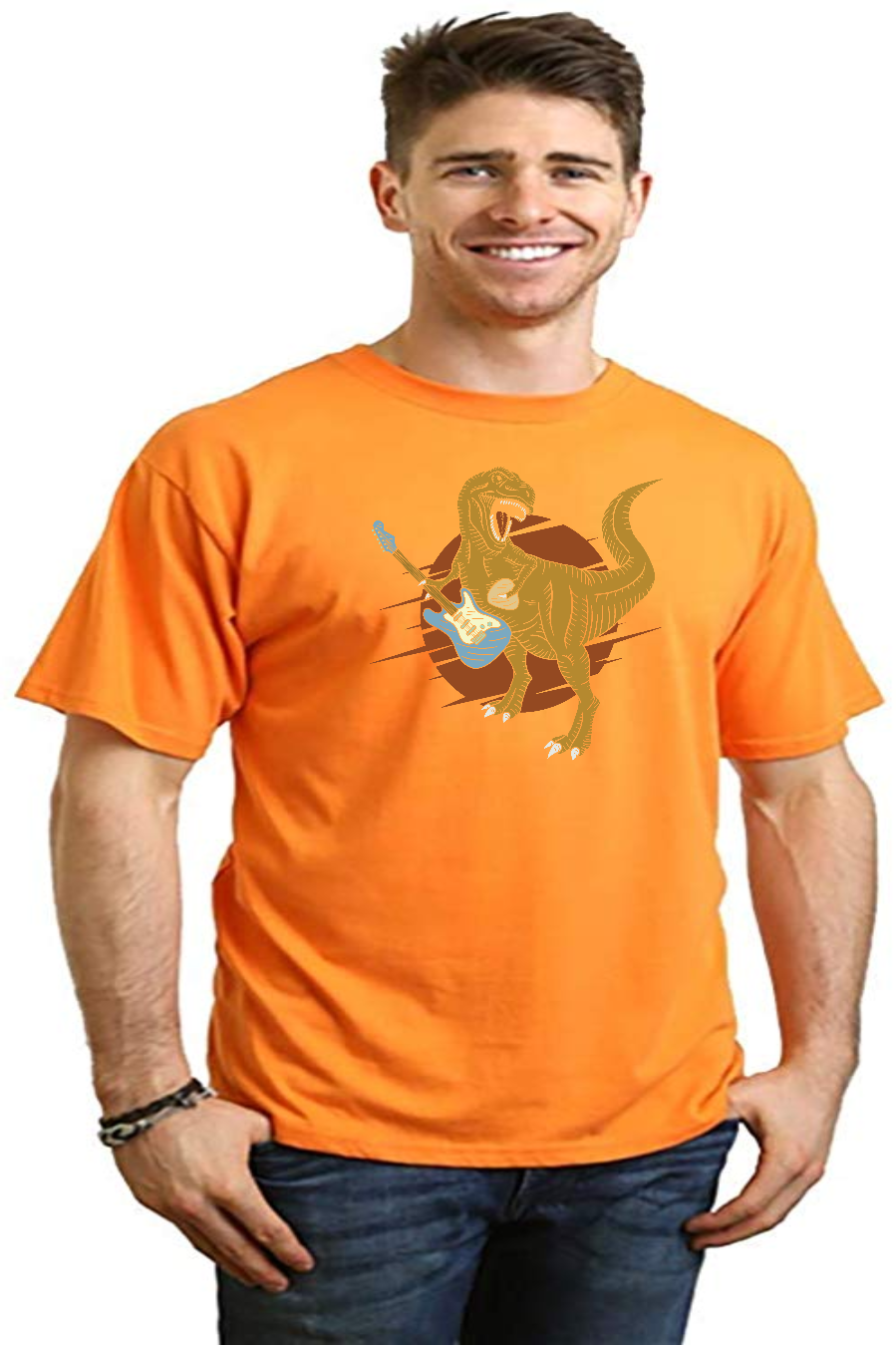 Men's orange dinosaur with guitar tee, bamboo viscose/organic cotton by Spun Bamboo on Tampa Home & Garden Store