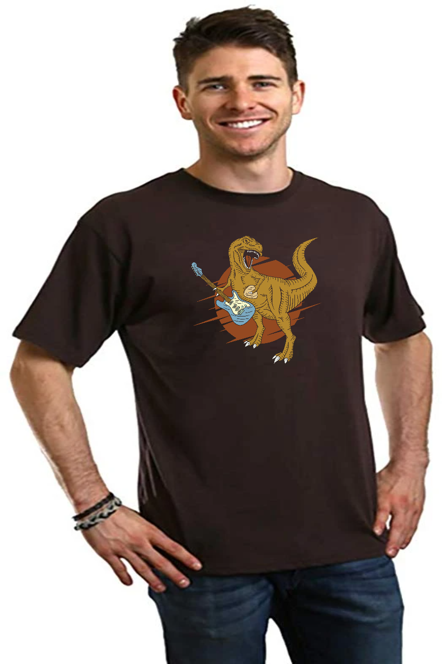 Dinosaur with guitar men's t-shirt in brown bamboo viscose/organic cotton blend by Spun Bamboo on Tampa Home & Garden Store