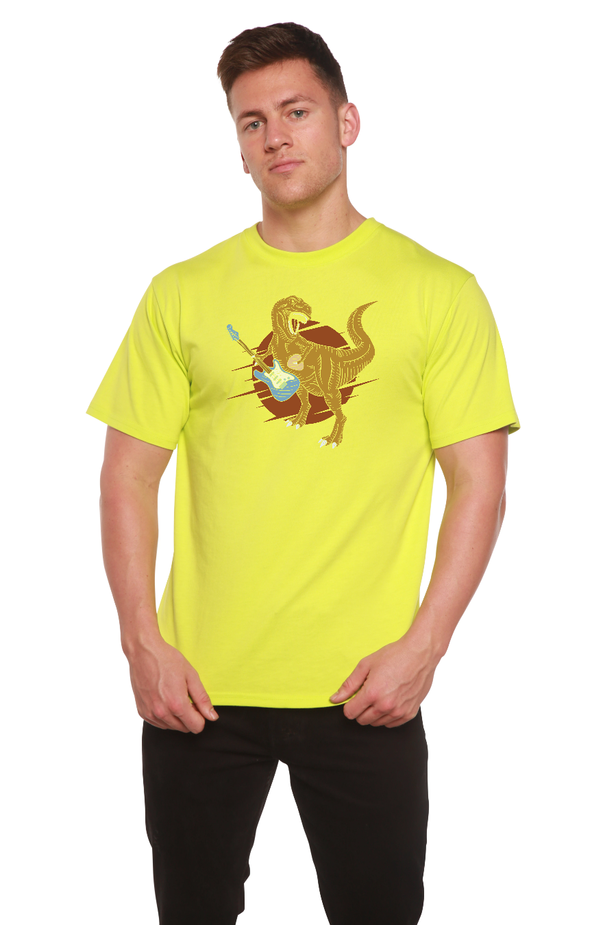 Men's neon yellow graphic tee with brown dinosaur and blue guitar print on Tampa Home & Garden Store