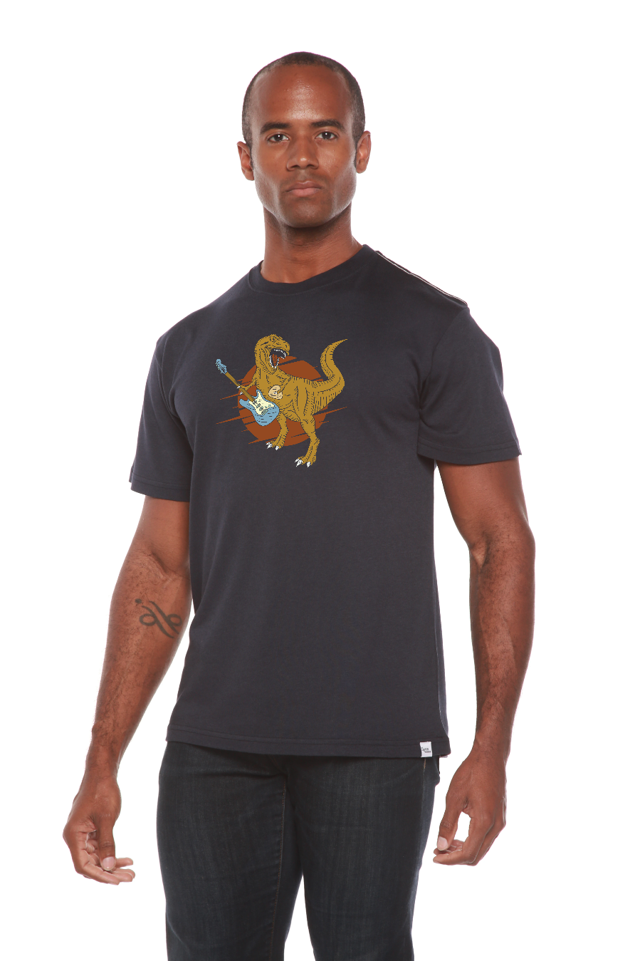 Navy Spun Bamboo men's bamboo viscose/organic cotton graphic tee with yellow dinosaur guitar on Tampa Home & Garden Store