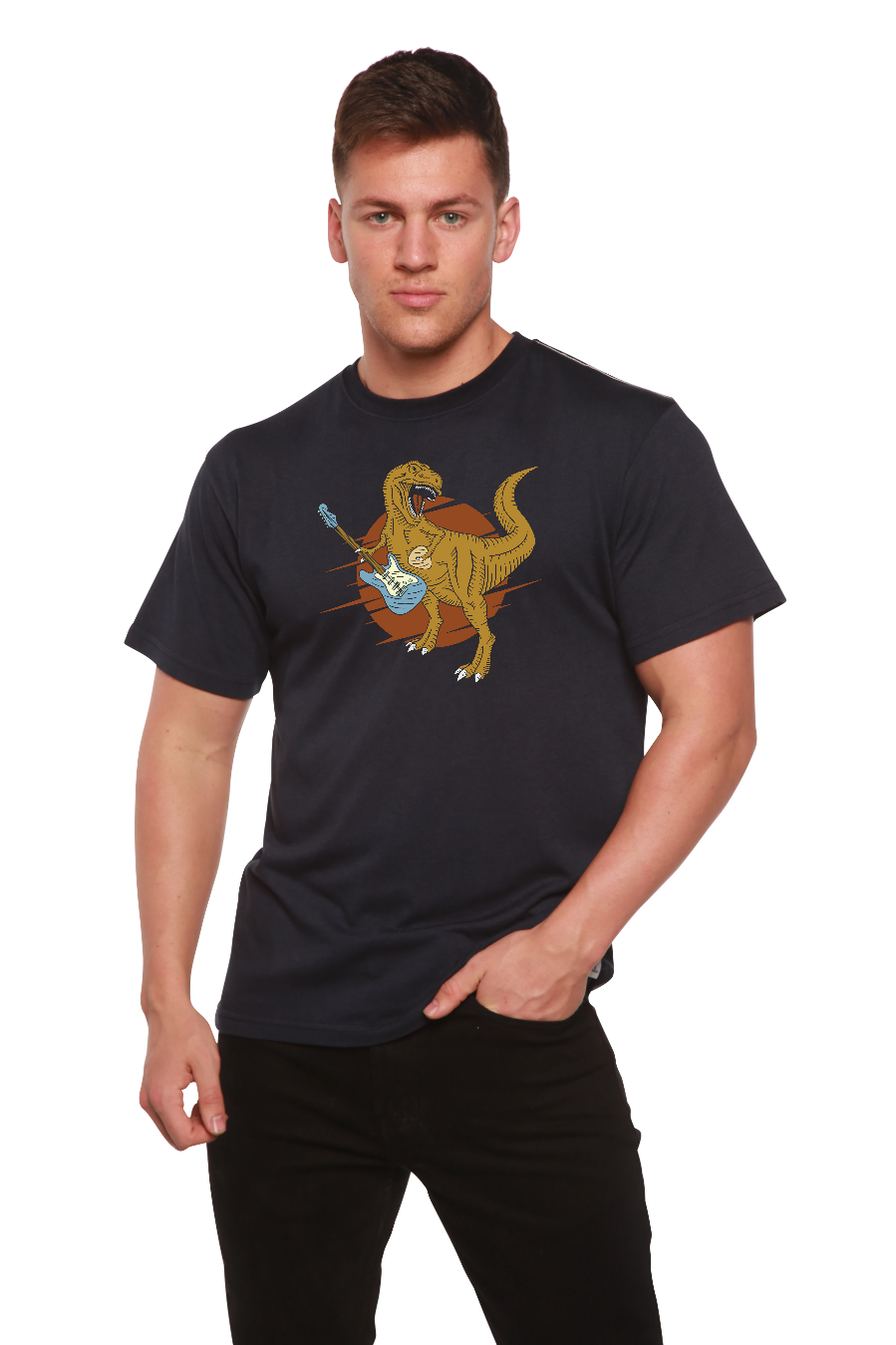 Men's navy bamboo viscose organic cotton graphic tee with a dinosaur playing guitar on Tampa Home & Garden Store