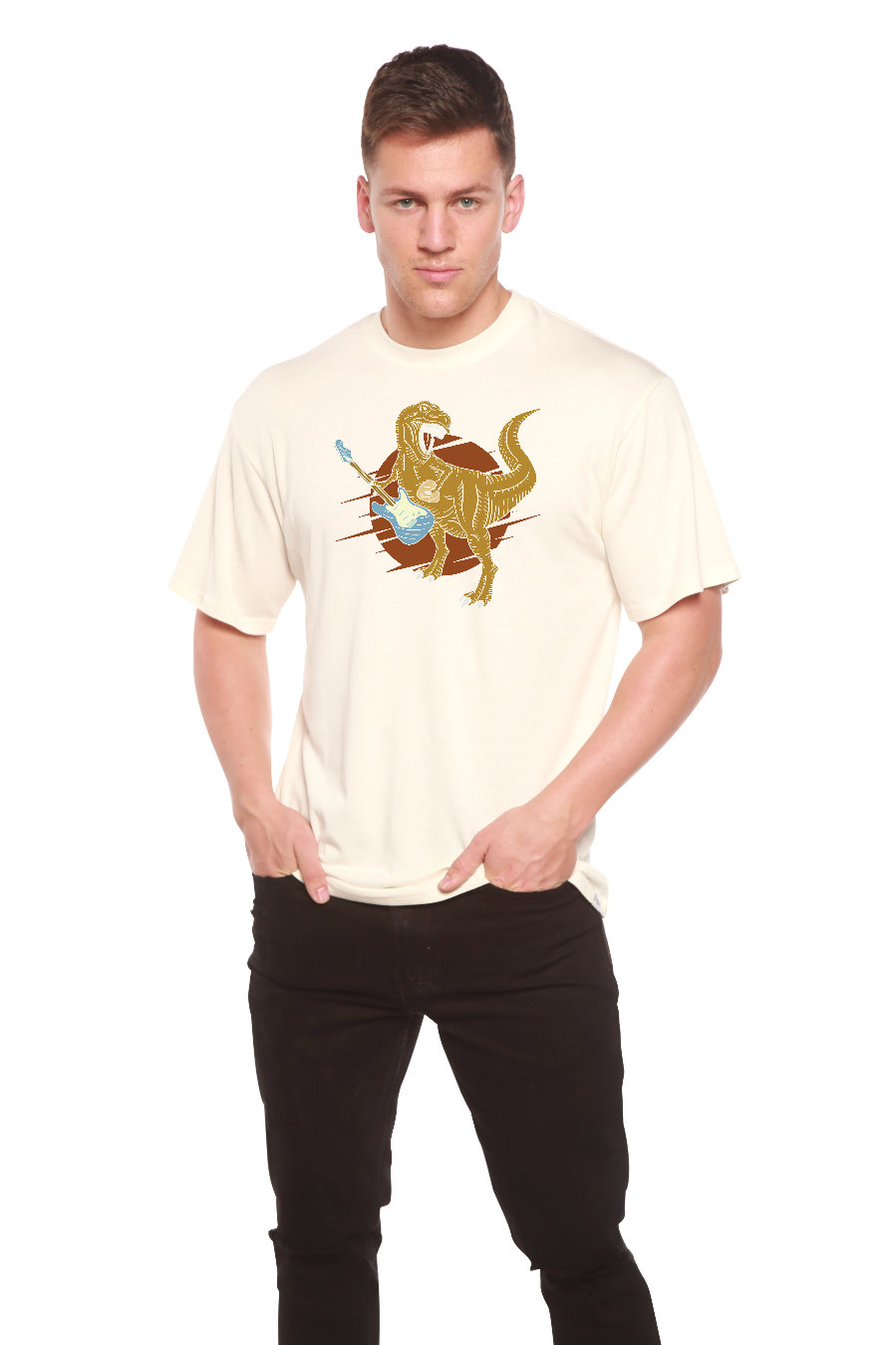 Men's dinosaur with guitar graphic T-shirt by Spun Bamboo in cream, short sleeve on Tampa Home & Garden Store