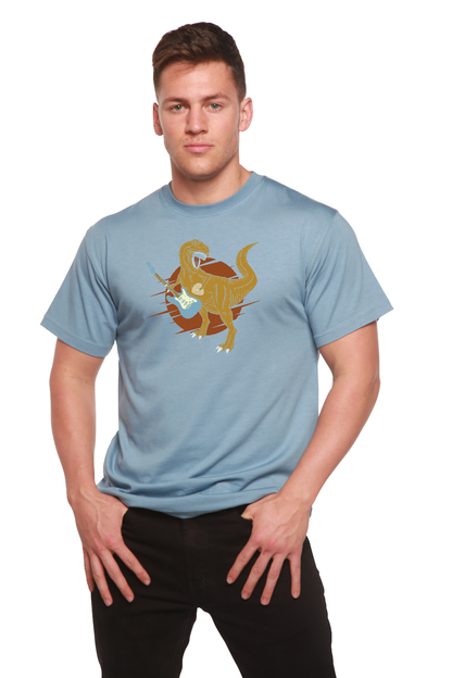Men's Spun Bamboo graphic T-shirt in light blue short sleeve with a dinosaur guitar print on Tampa Home & Garden Store