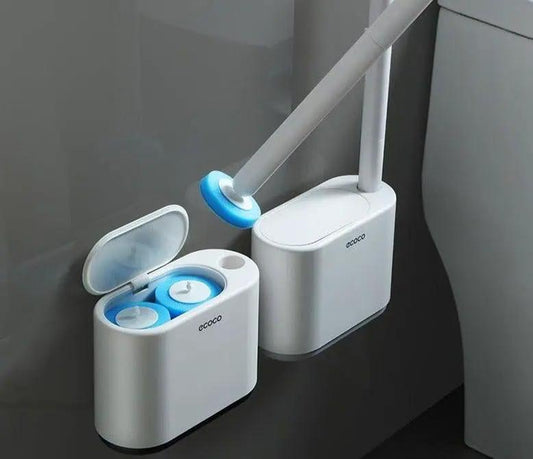Wall-mounted toilet brush with blue silicone-bristle head and dual white ecoco holders on Tampa Home & Garden Store