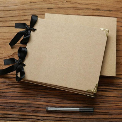 DIY wedding photo scrapbook with kraft cover, black satin ribbons, gold corners, 20 pages on Tampa Home & Garden Store