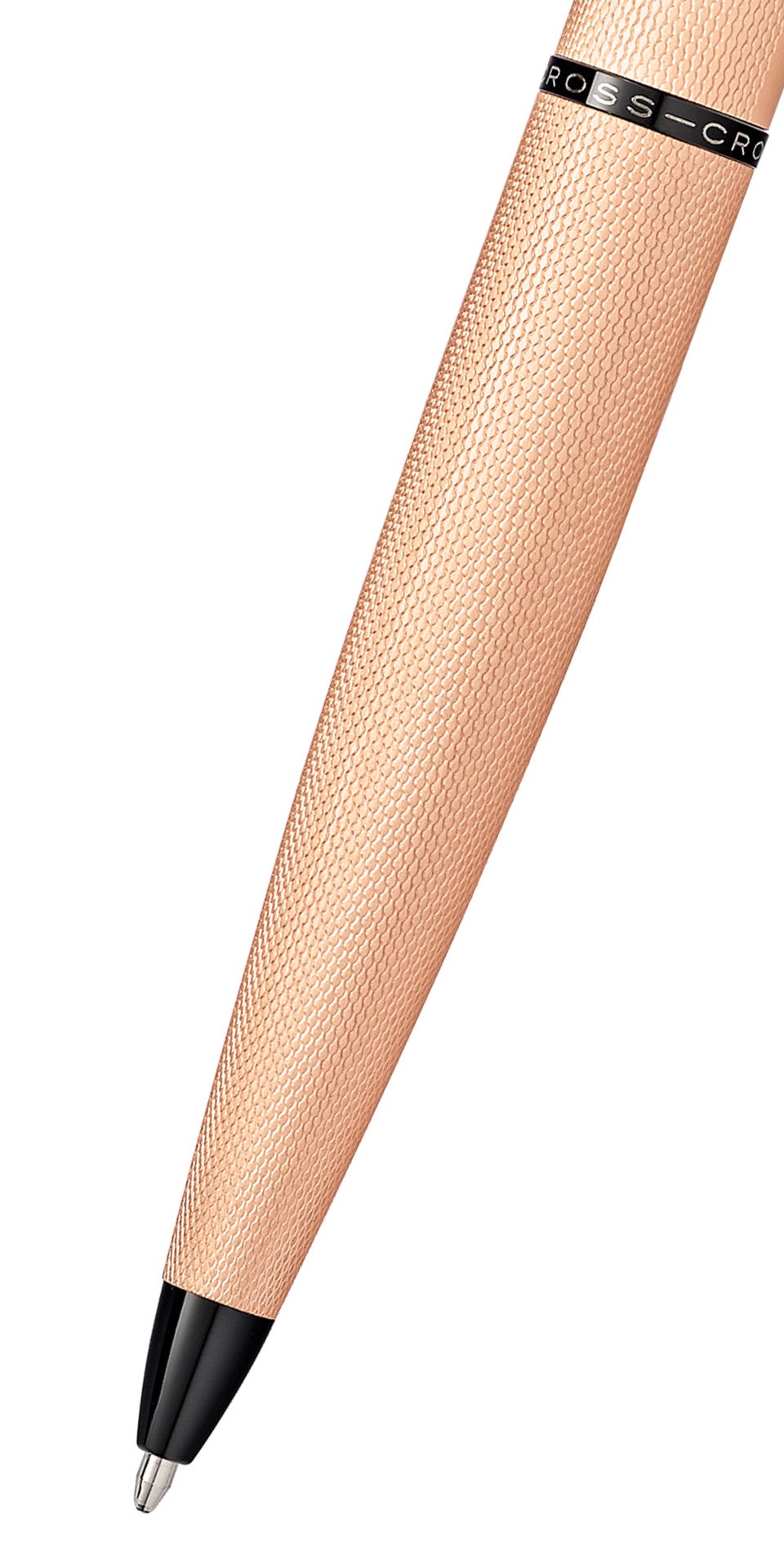 ATX Brushed Rose Gold Ballpoint Pen by A.T. Cross, textured rose-gold barrel with black tip on Tampa Home & Garden Store