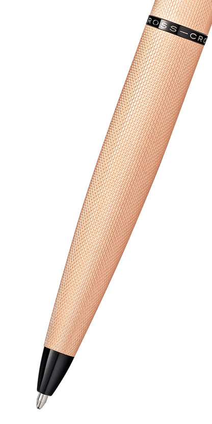 ATX Brushed Rose Gold Ballpoint Pen by A.T. Cross, textured rose-gold barrel with black tip on Tampa Home & Garden Store
