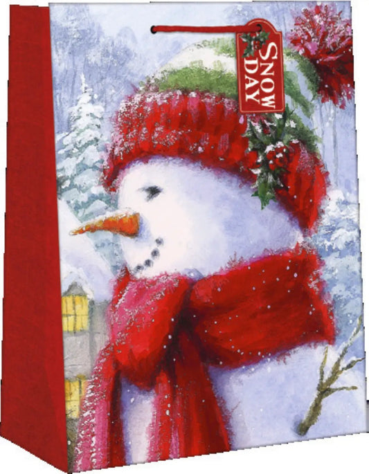Gift bag Snow Day snowman in red knit hat and scarf, red ribbon trim The Country Christmas Loft on Tampa Home & Garden Store