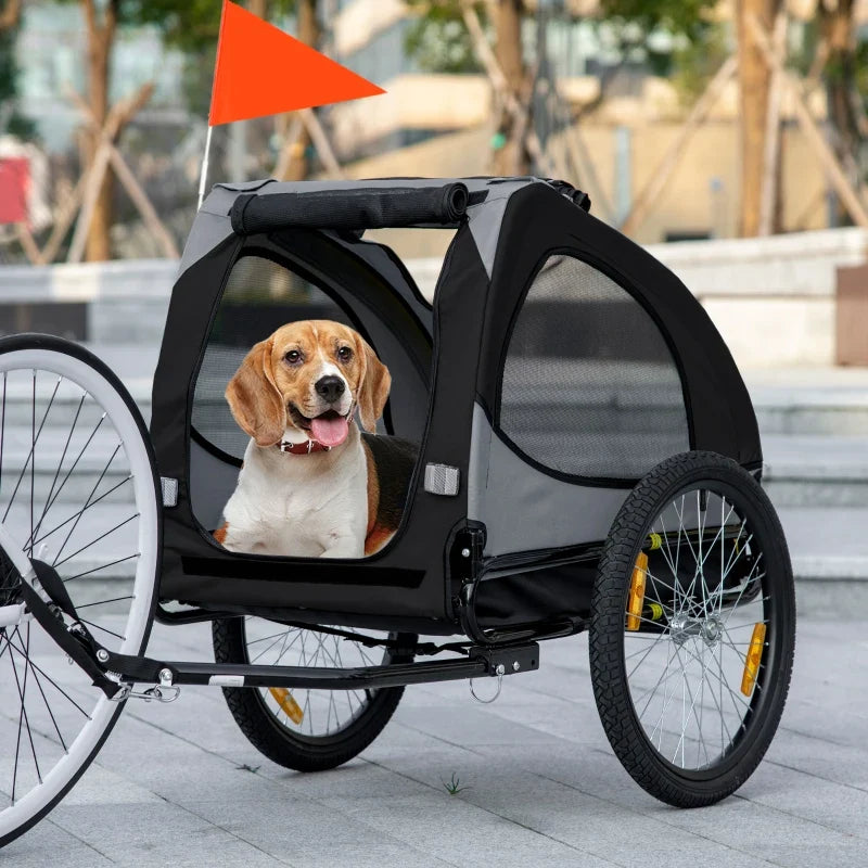 Dog bike trailer for medium dogs, black and gray pet stroller with mesh sides and orange flag on Tampa Home & Garden Store
