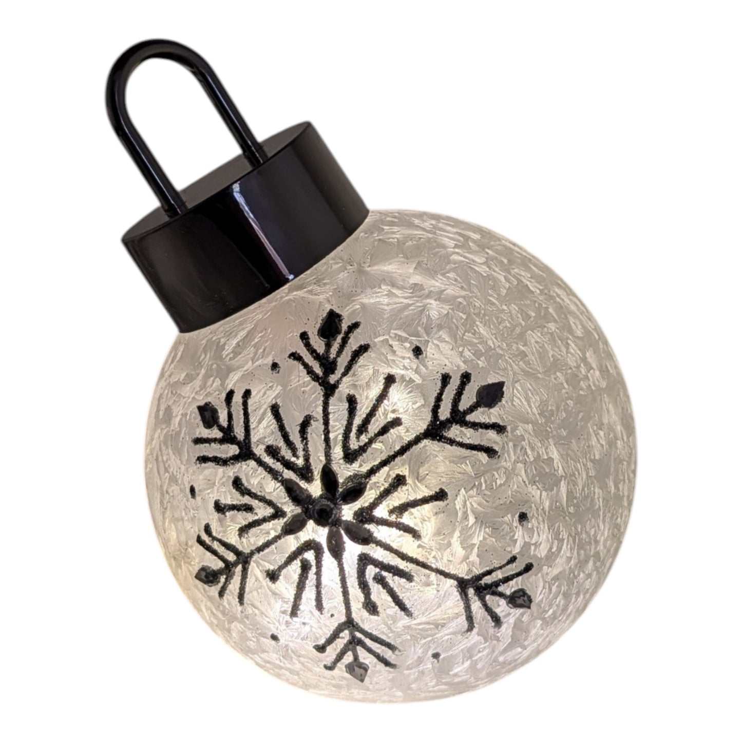 Frosted Cream Snowflake Glass Ornament with black cap and loop snowflake motif on Tampa Home & Garden Store