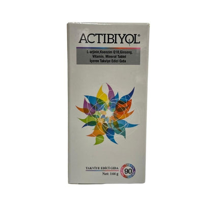 Actibiyol L-Arginine CoQ10 Ginseng supplement tablets white box flower artwork 90 tablets on Tampa Home & Garden Store