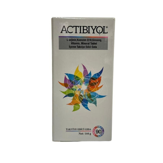 Actibiyol L-Arginine CoQ10 Ginseng supplement tablets white box flower artwork 90 tablets on Tampa Home & Garden Store