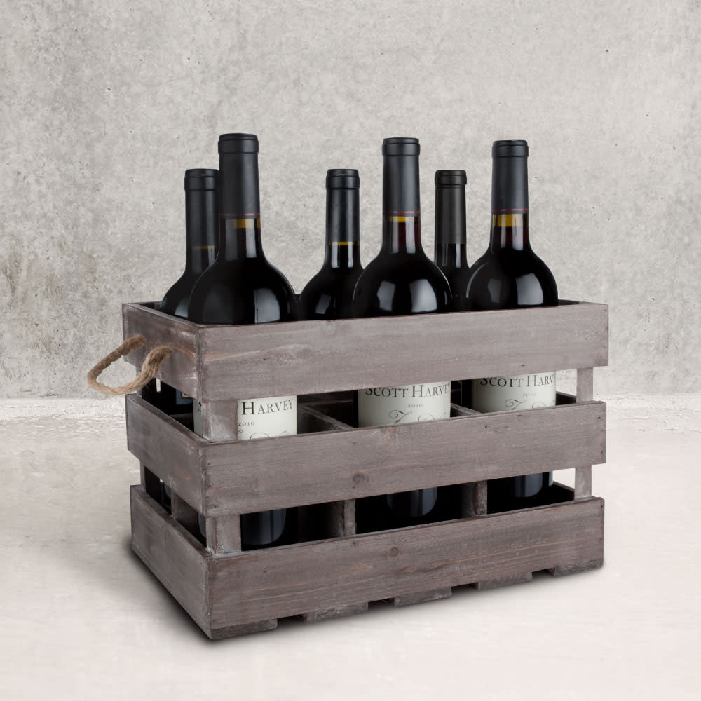 Wooden 6-Bottle Crate wine rack in weathered gray wood with rope handles holding six bottles on Tampa Home & Garden Store