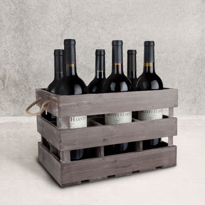 Wooden 6-Bottle Crate wine rack in weathered gray wood with rope handles holding six bottles on Tampa Home & Garden Store
