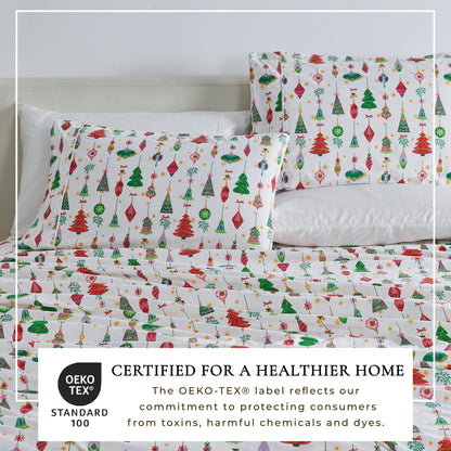 Printed Baylor Collection sheet set by Great Bay Home with colorful Christmas ornaments on white on Tampa Home & Garden Store