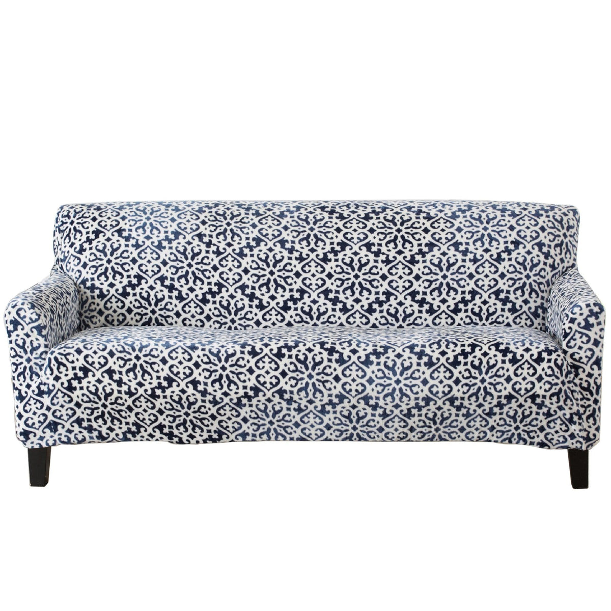 Velvet Stretch Slipcover Gale Collection sofa cover in navy damask pattern Great Bay Home on Tampa Home & Garden Store