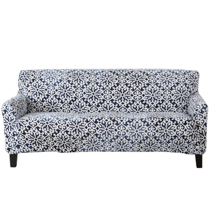 Velvet Stretch Slipcover Gale Collection sofa cover in navy damask pattern Great Bay Home on Tampa Home & Garden Store