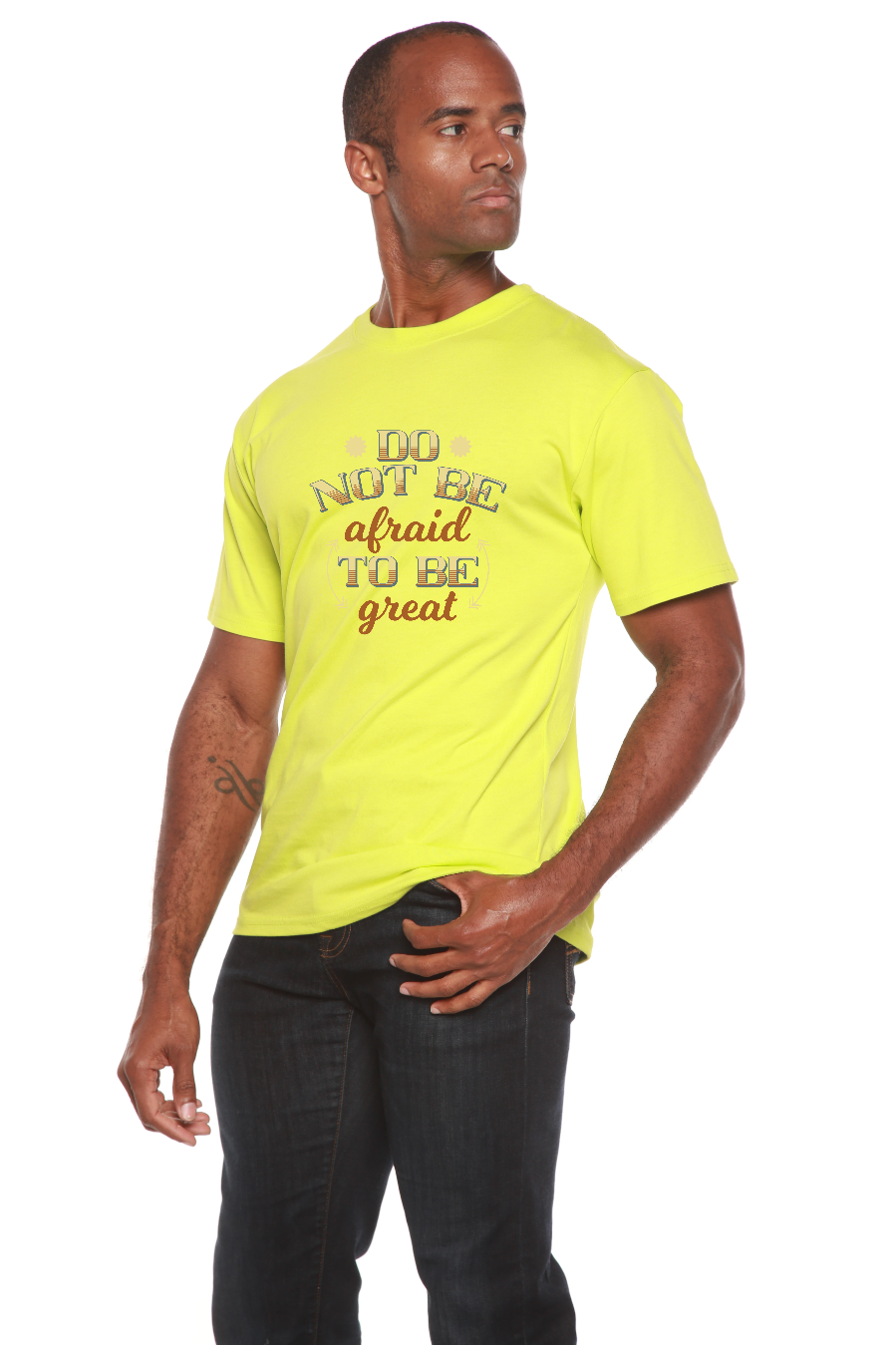 Men's bamboo viscose/cotton graphic tee neon yellow with Do Not Be Afraid To Be Great text on Tampa Home & Garden Store