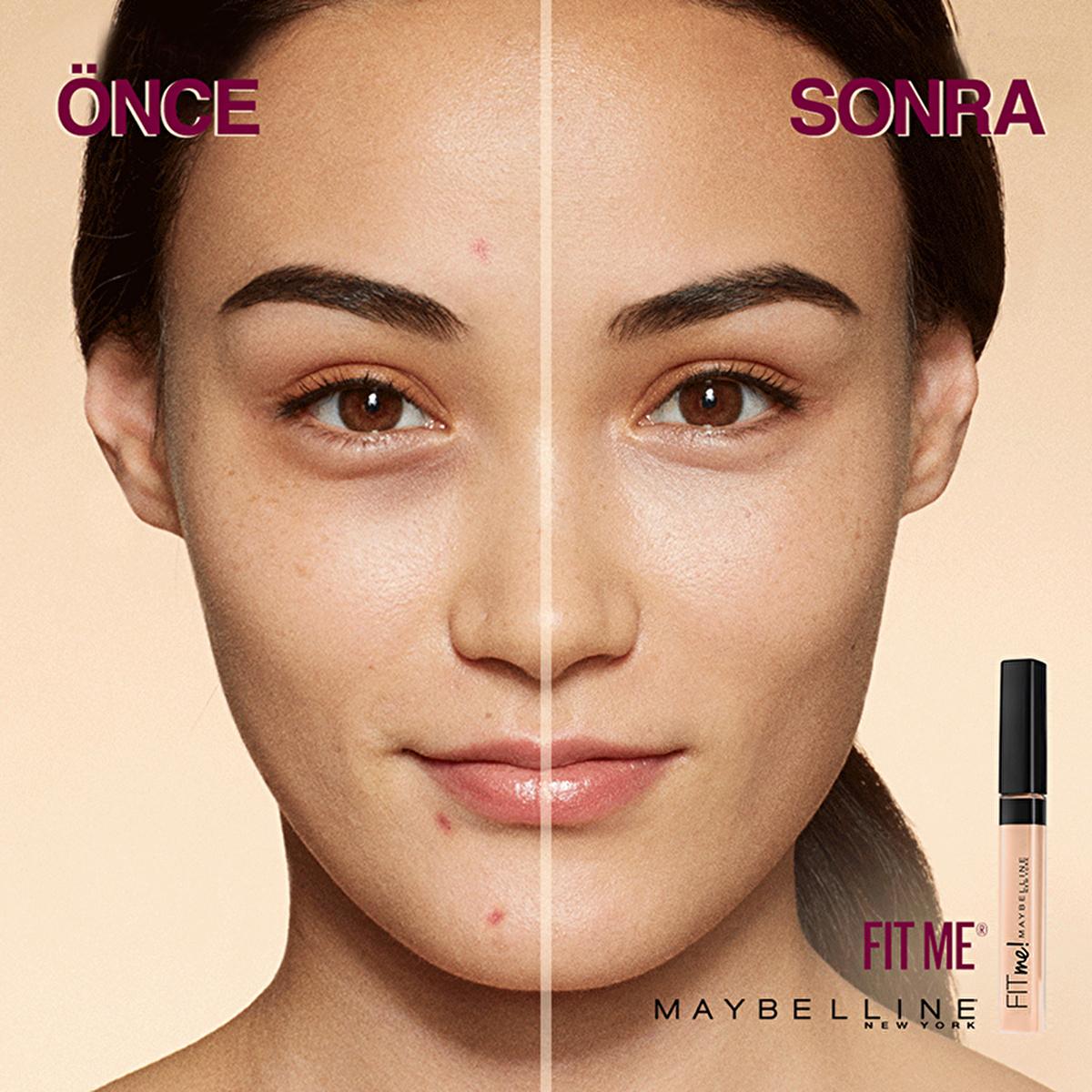 Concealer Maybelline Fit Me; oil-free coverage; before/after split-face with visible tube on Tampa Home & Garden Store
