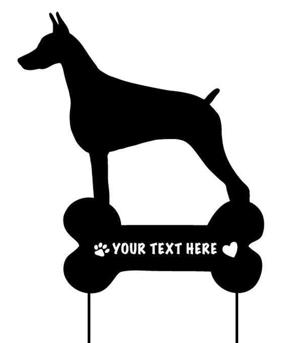Doberman Pinscher garden stake silhouette with bone-shaped base and customizable text bar on Tampa Home & Garden Store