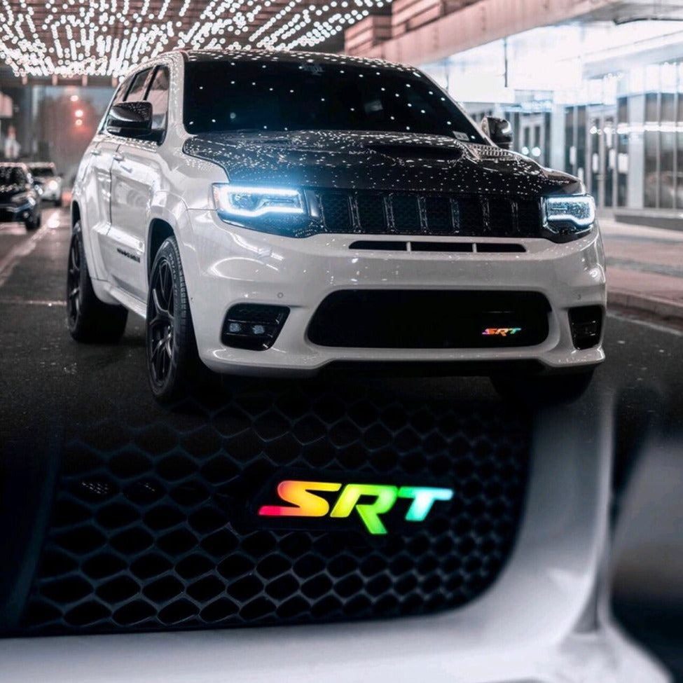 Dodge SRT RGBW Flow Series LED badge emblem logo on front grille with multicolor SRT logo on Tampa Home & Garden Store