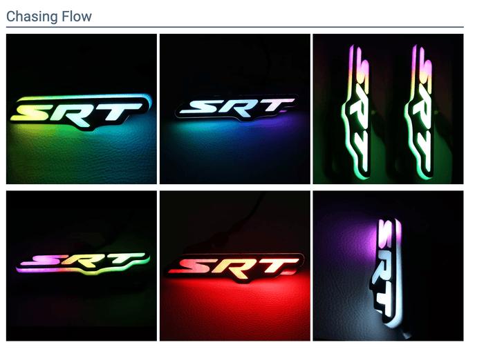 Dodge SRT RGBW Flow Series LED badge emblems set with six glowing logos in rainbow colors on Tampa Home & Garden Store