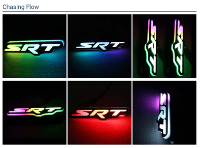 Dodge SRT RGBW Flow Series LED badge emblems set with six glowing logos in rainbow colors on Tampa Home & Garden Store