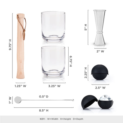 Stainless Steel Muddler Bar Set and Glassware