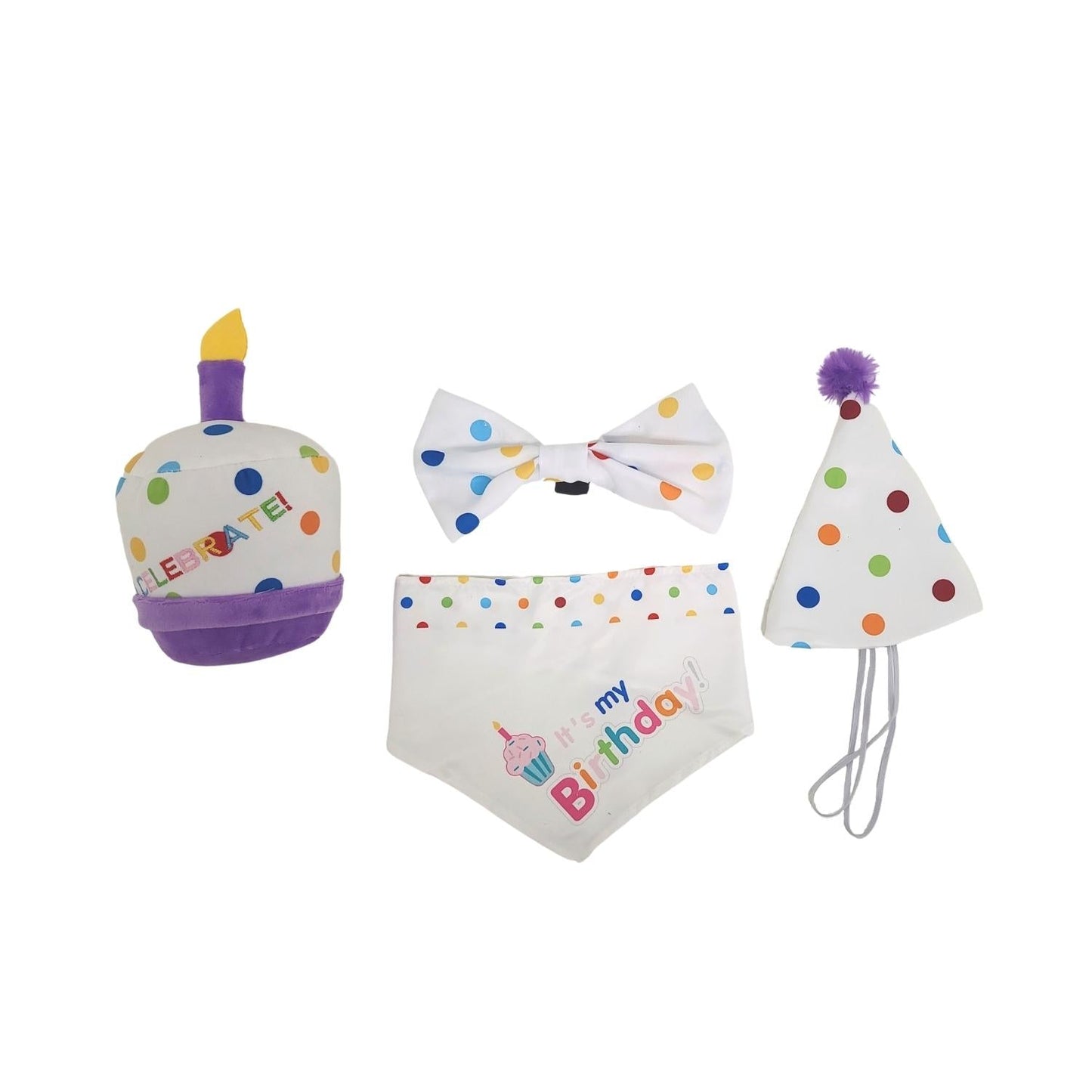 Kit de cumpleaños para perros de 4 piezas: celebra con estilo con pañuelo, sombrero, pajarita y peluche.