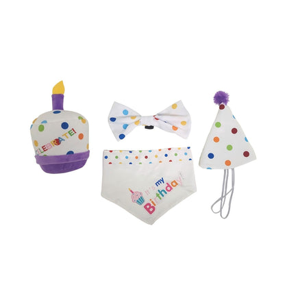 Kit de cumpleaños para perros de 4 piezas: celebra con estilo con pañuelo, sombrero, pajarita y peluche.