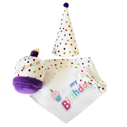 Kit de cumpleaños para perros de 4 piezas: celebra con estilo con pañuelo, sombrero, pajarita y peluche.